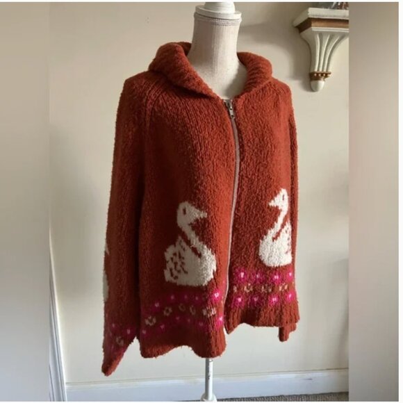 Anthropologie Maeve Wool Front Zipper Cardigan swan print Sweater size XXSP - Picture 5 of 9